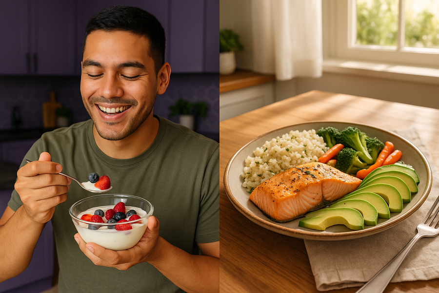 man eating a healthy keto snack consisting of yogurt with various healthy berries - keto dinner meal is salmon, cauliflower, avocado, and veggies