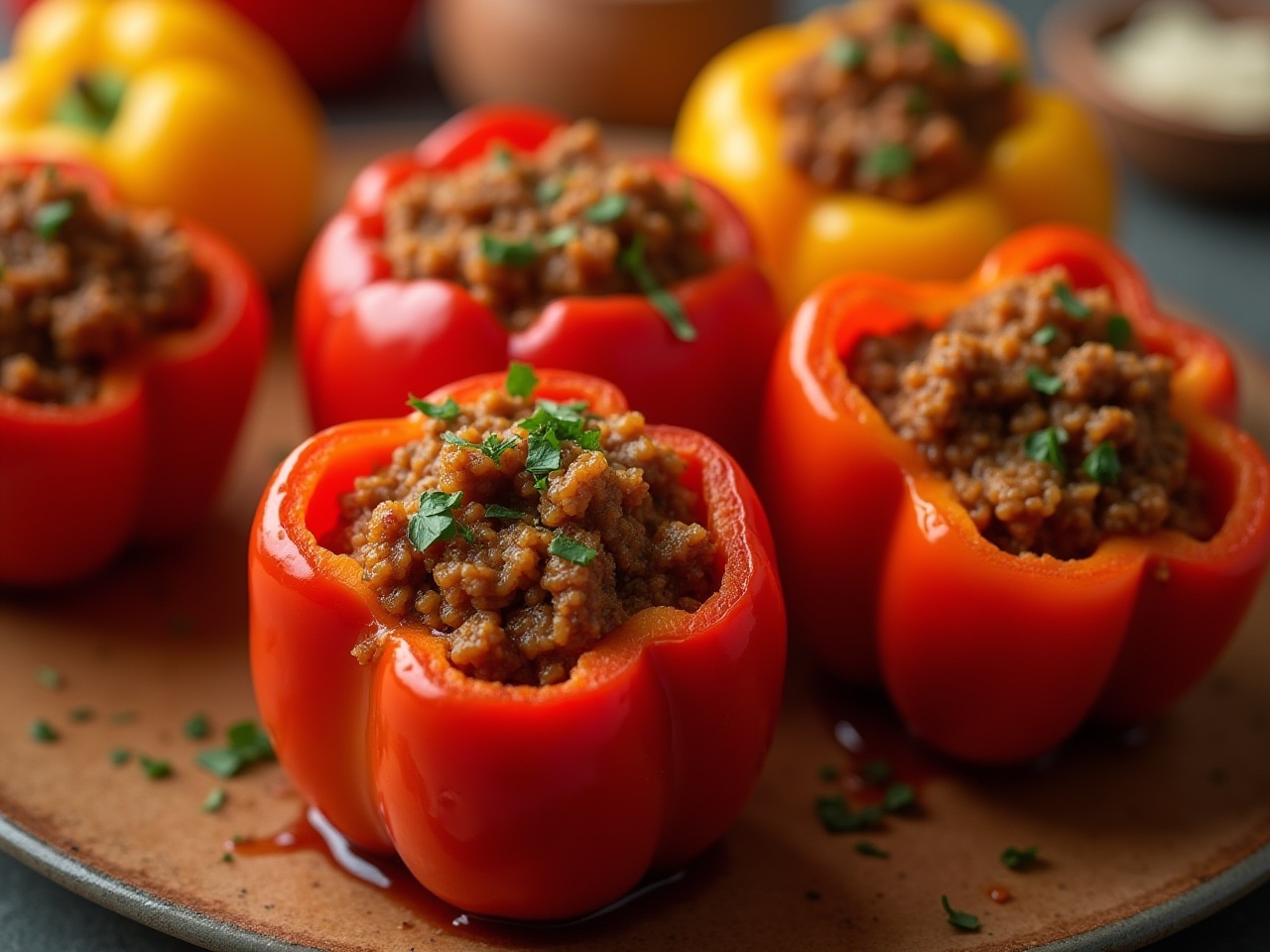 keto stuffed bell peppers filled with seasoned minced beef, garnished with herbs, and baked to perfection-keto-keto diet-ketosis-ketogenic-healthy meals-low carb diet-keto recipes